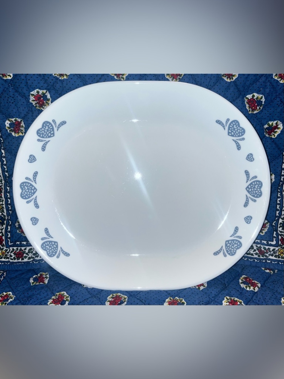 Vintage Corelle Blue Hearts Serving Platter 12.25x10 in. | Blue Sponge Hearts